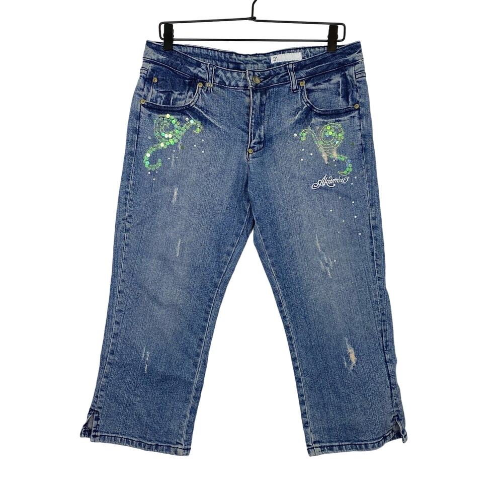 Akademiks akdmks Embellished Y2K Capri Jeans Distressed Sequins Womens 31